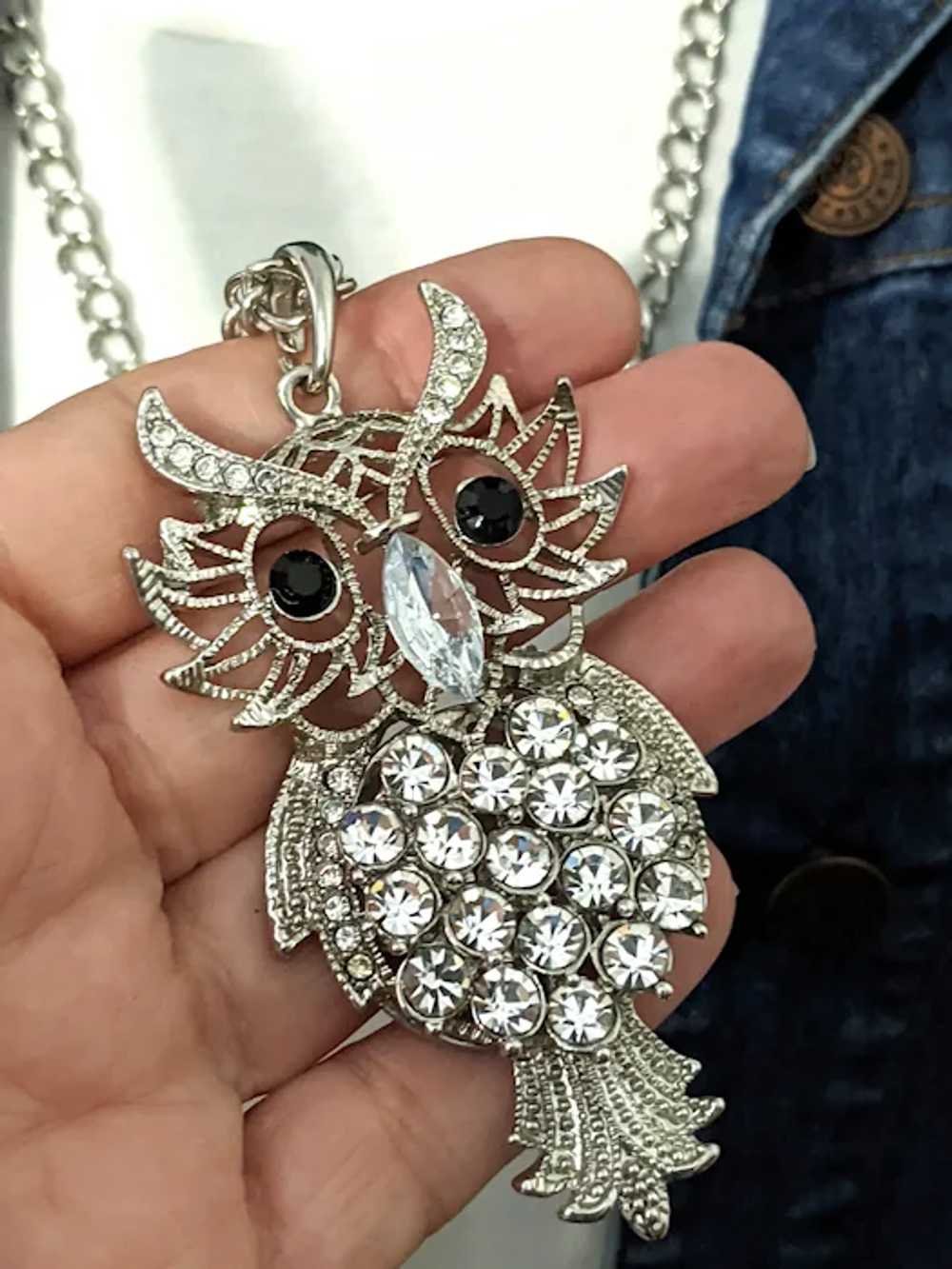 Long Silver Rhinestone Owl Pendant Necklace - image 3