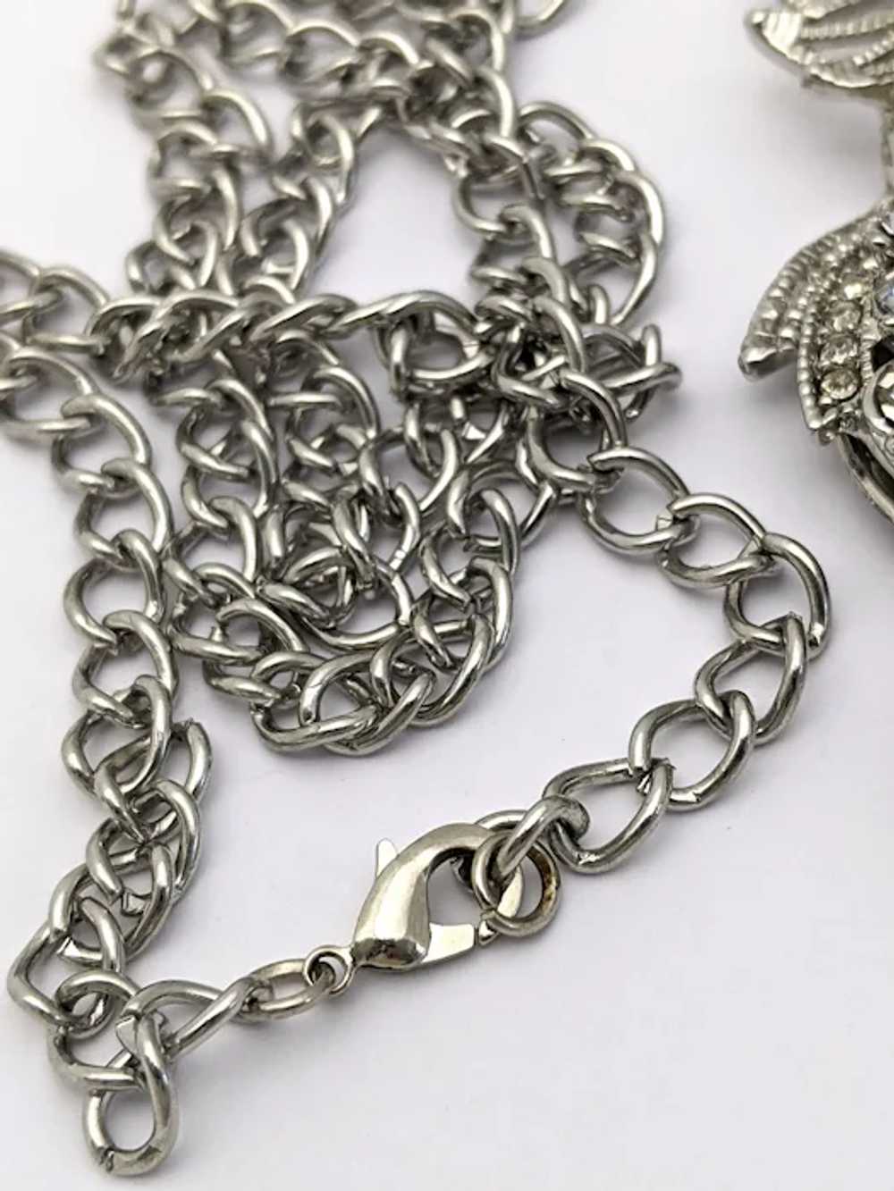 Long Silver Rhinestone Owl Pendant Necklace - image 5
