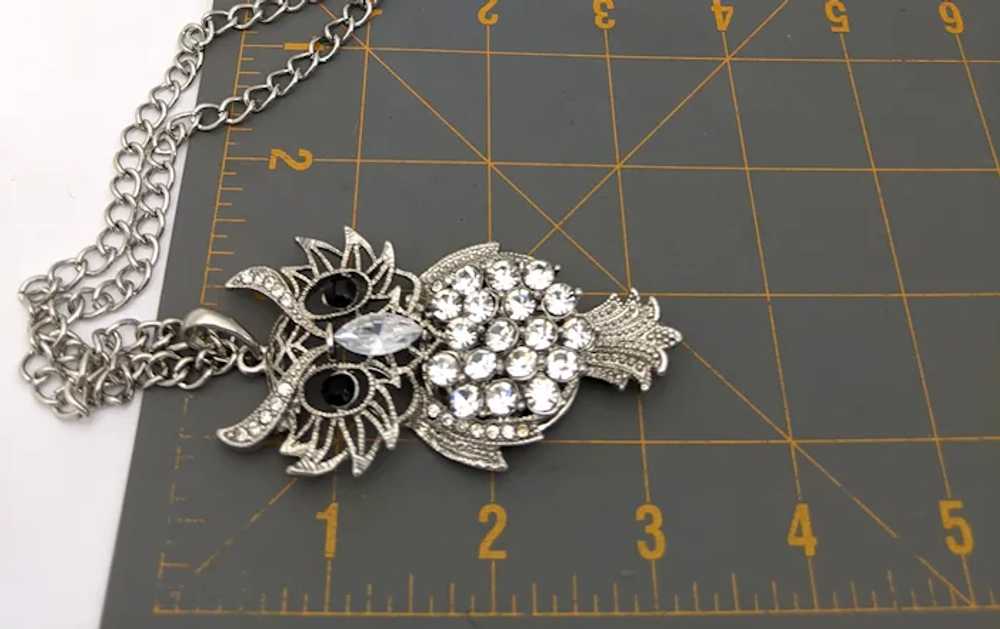 Long Silver Rhinestone Owl Pendant Necklace - image 6