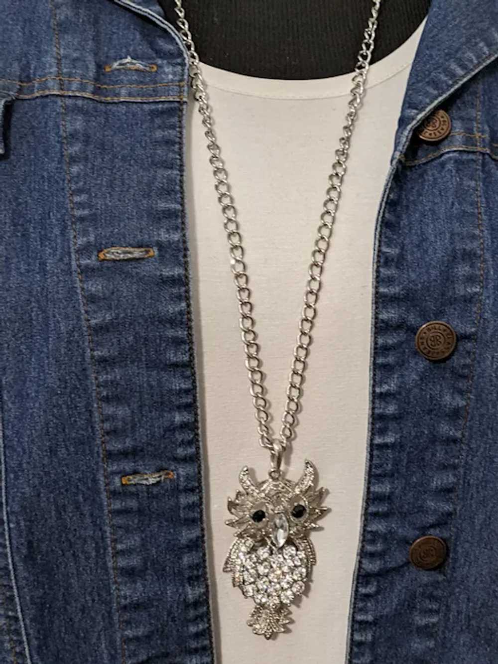 Long Silver Rhinestone Owl Pendant Necklace - image 7
