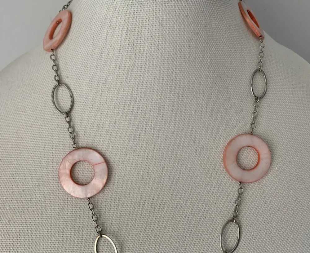 Pink Mother of Pearl Disc Necklace on Sterling Si… - image 2