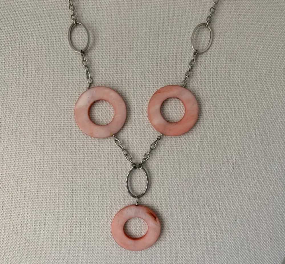 Pink Mother of Pearl Disc Necklace on Sterling Si… - image 3