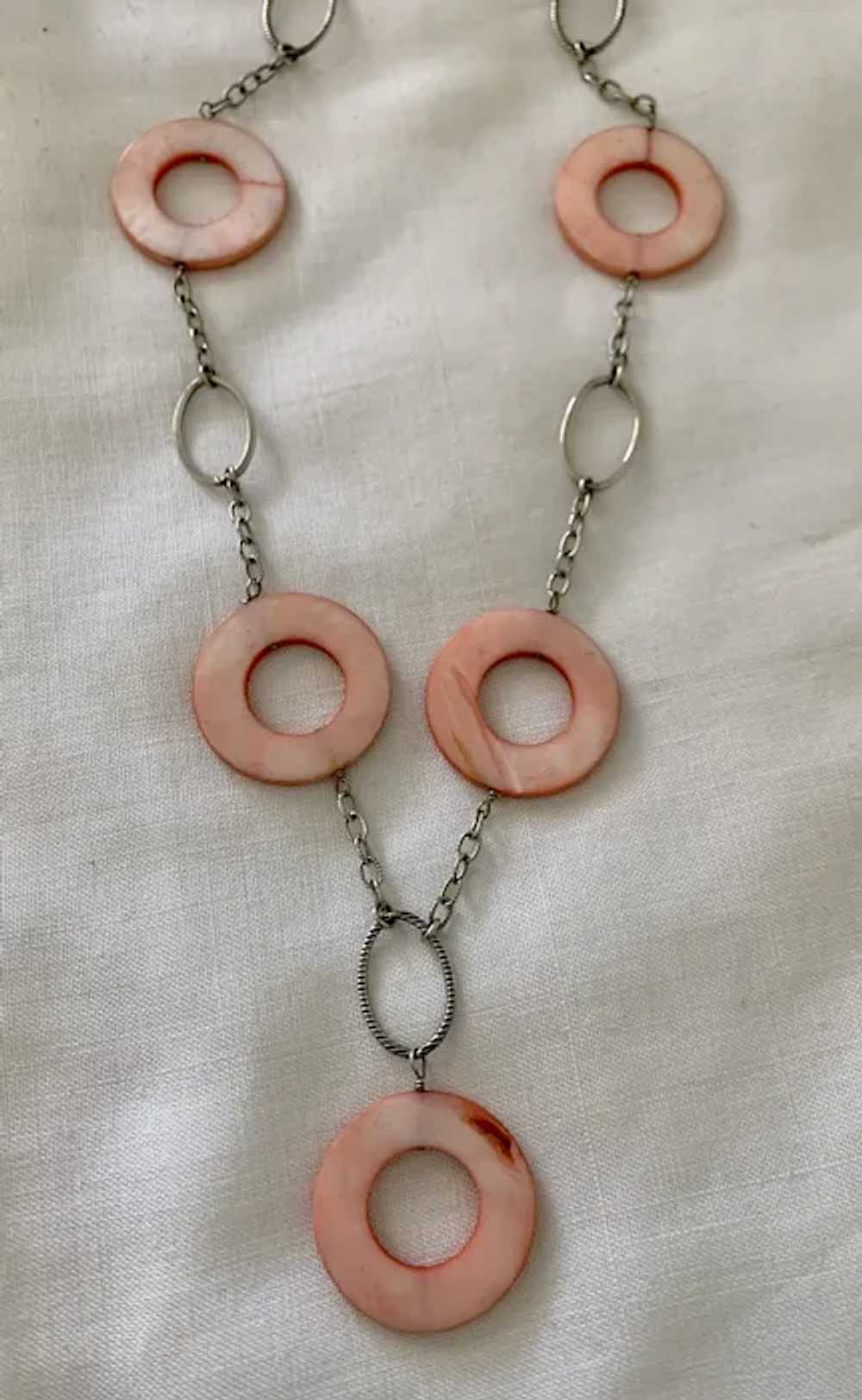 Pink Mother of Pearl Disc Necklace on Sterling Si… - image 4