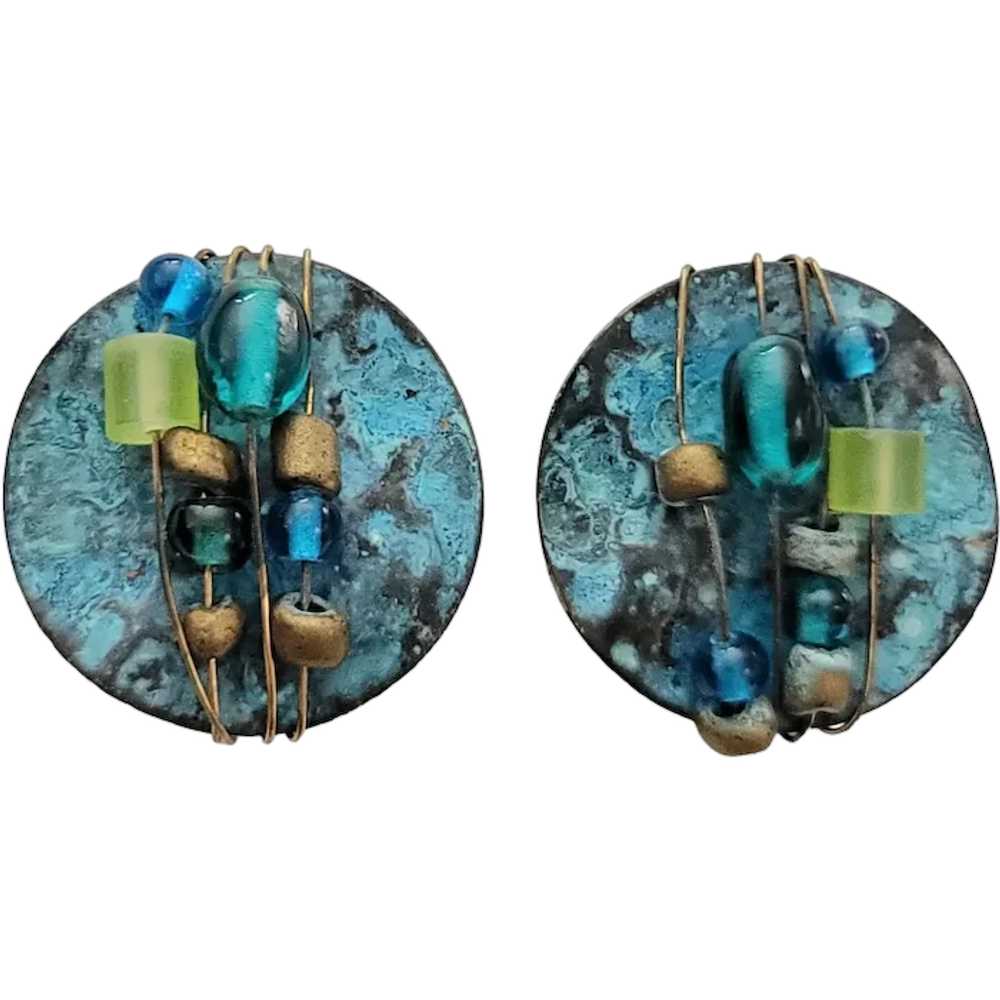 Artisan Style Metal Enamel Glass Bead Clip On Ear… - image 1