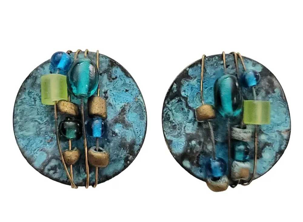 Artisan Style Metal Enamel Glass Bead Clip On Ear… - image 9