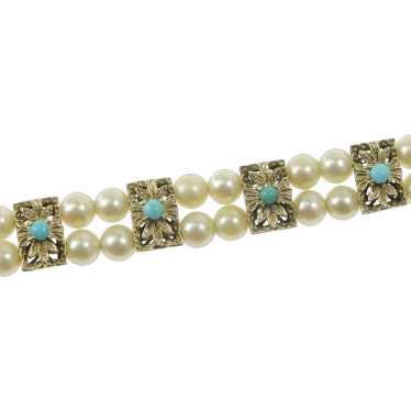 18K Pearl Turquoise Beaded Flower Statement Bracel