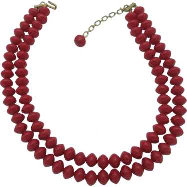 Trifari Double Strand Red Lucite Bead Necklace - image 1