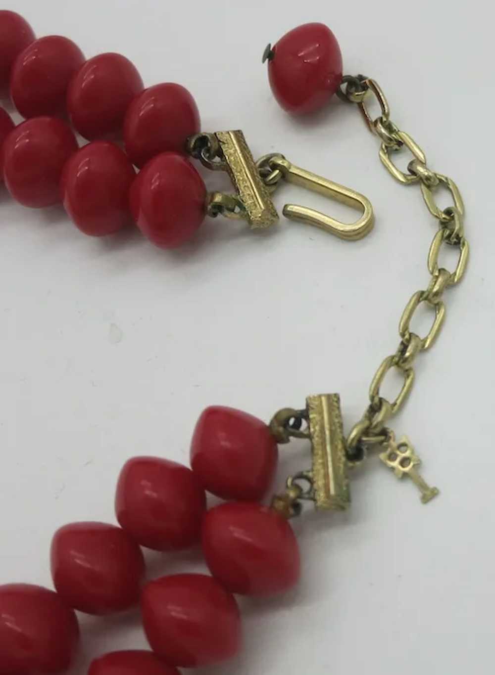 Trifari Double Strand Red Lucite Bead Necklace - image 3