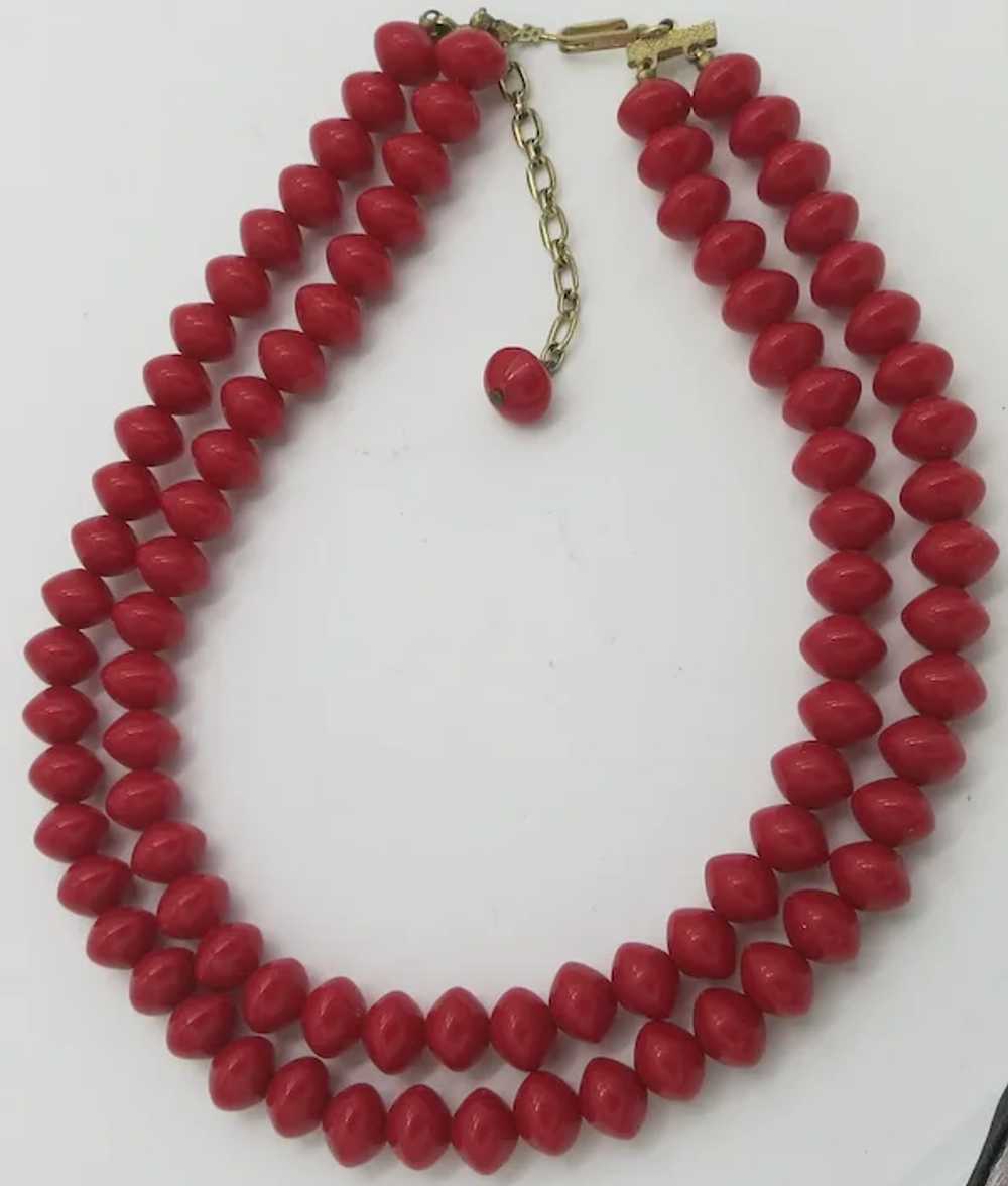 Trifari Double Strand Red Lucite Bead Necklace - image 4
