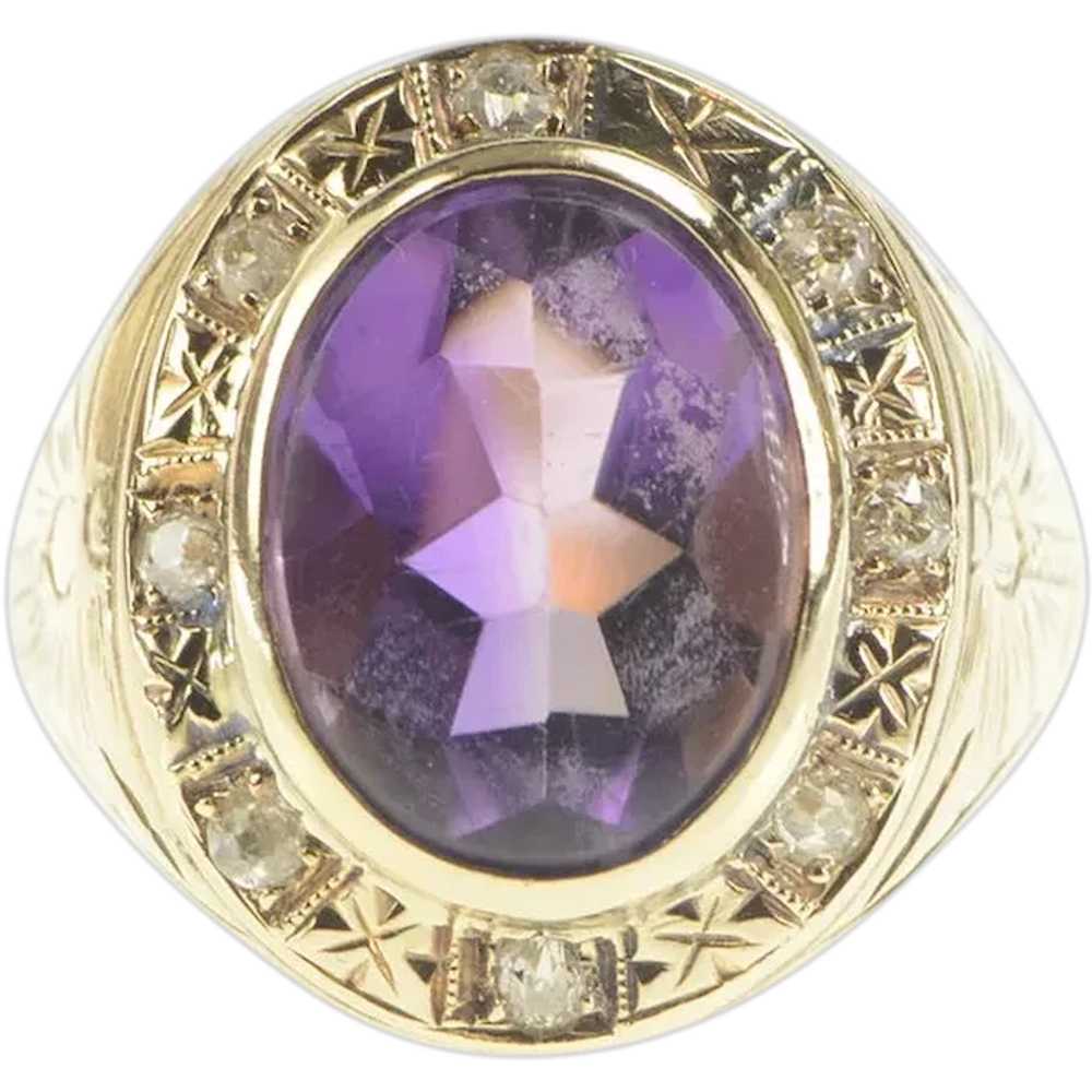 14K Art Deco Amethyst Diamond Halo Etched Ring Si… - image 1