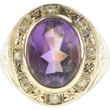 14K Art Deco Amethyst Diamond Halo Etched Ring Si… - image 1