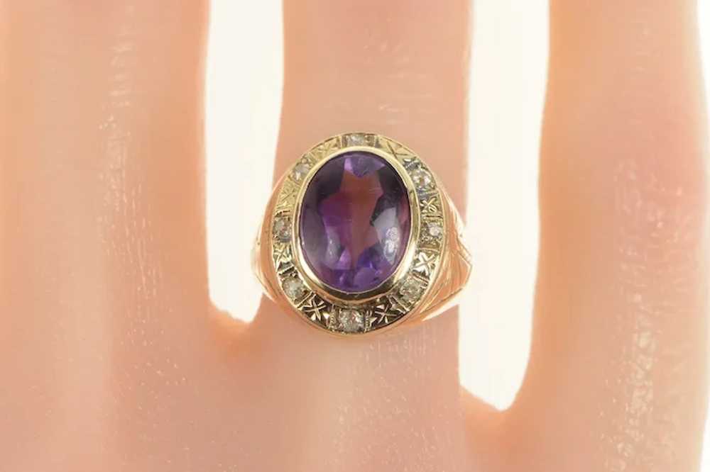 14K Art Deco Amethyst Diamond Halo Etched Ring Si… - image 5