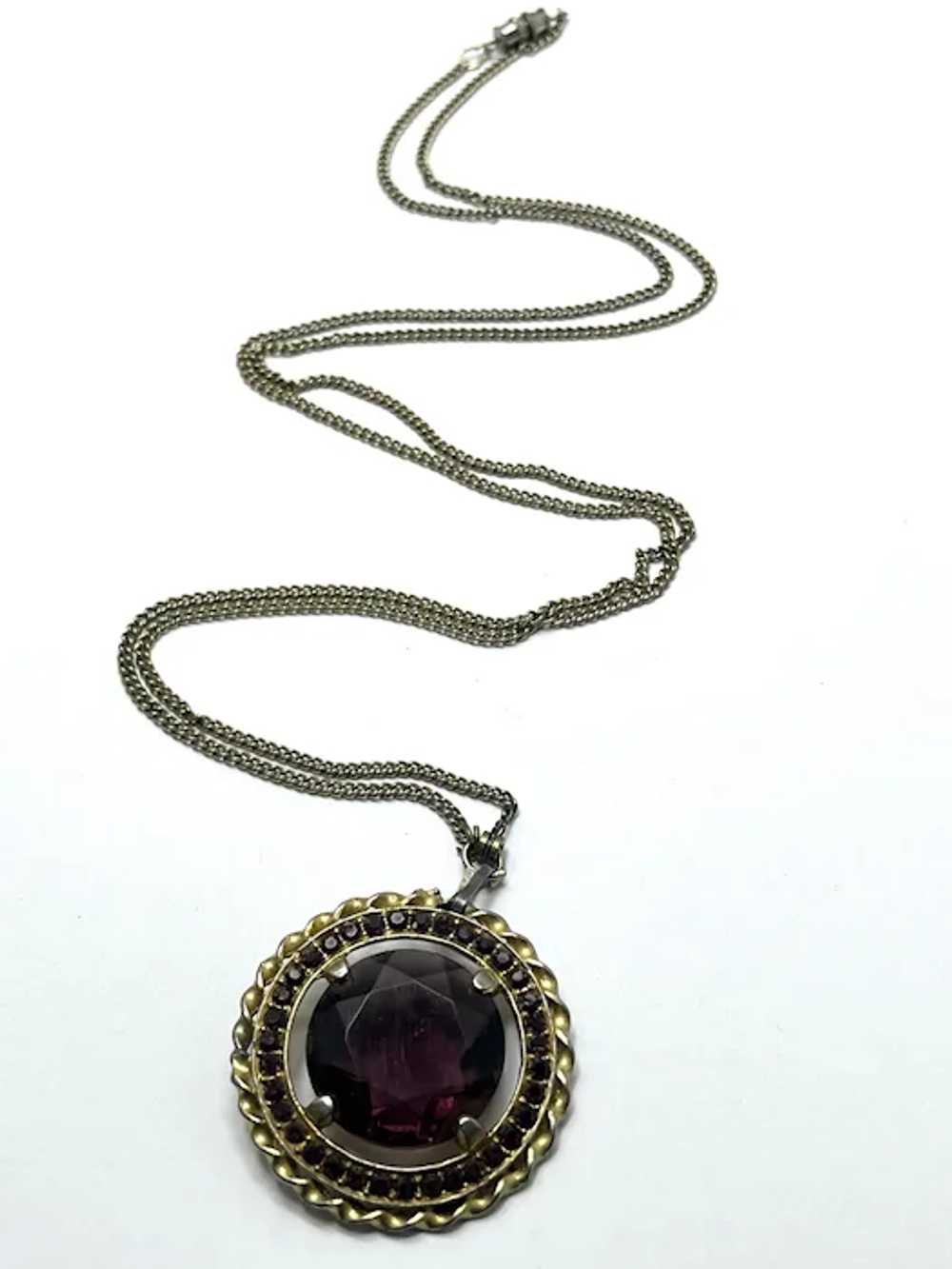 Vintage Purple Glass Rhinestone Pendant Necklace - image 2