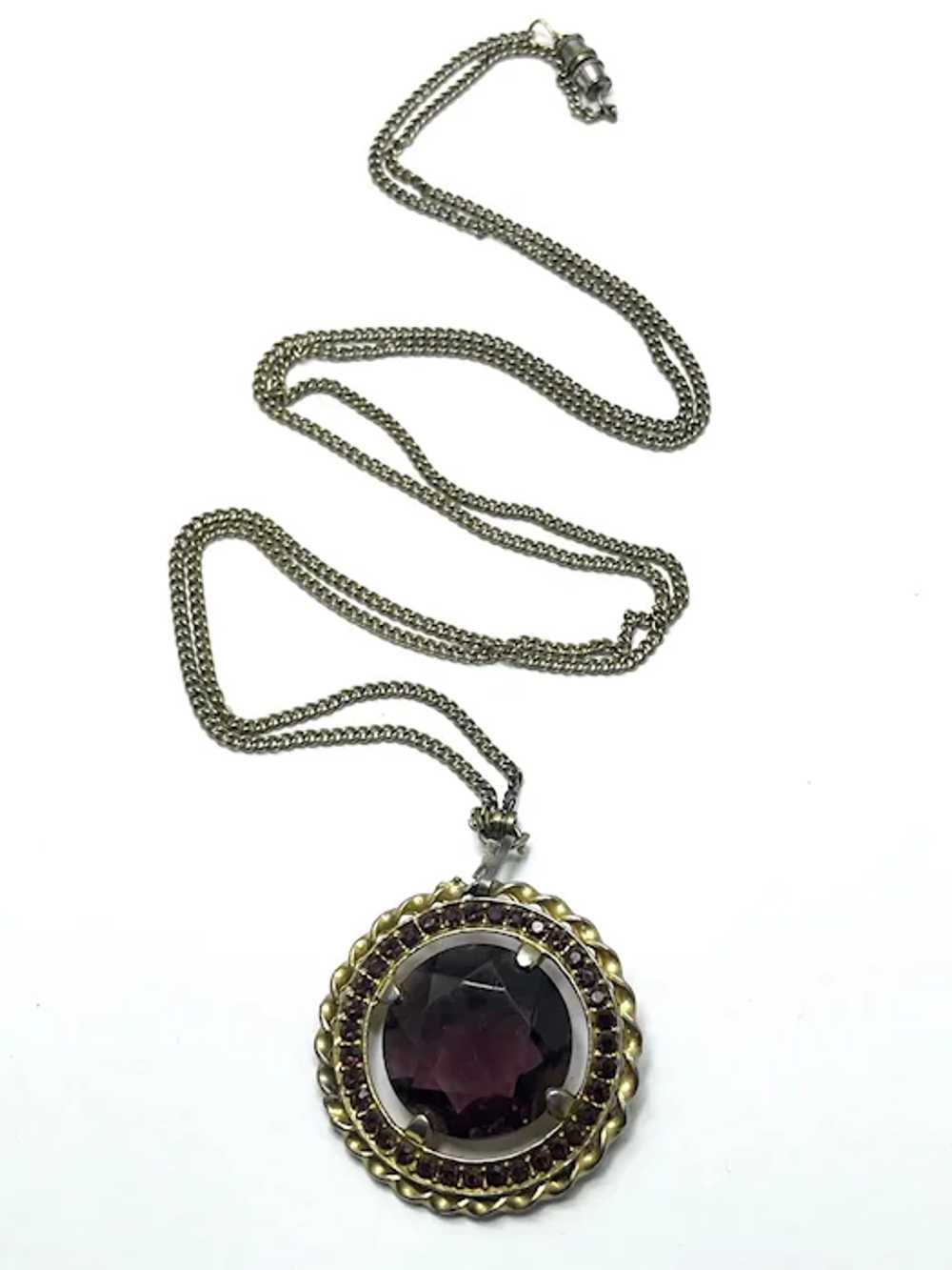 Vintage Purple Glass Rhinestone Pendant Necklace - image 4