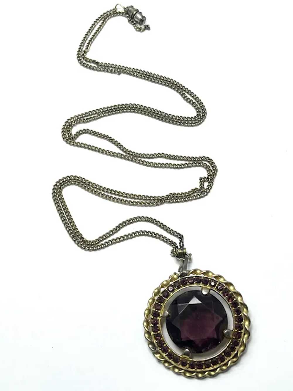 Vintage Purple Glass Rhinestone Pendant Necklace - image 5