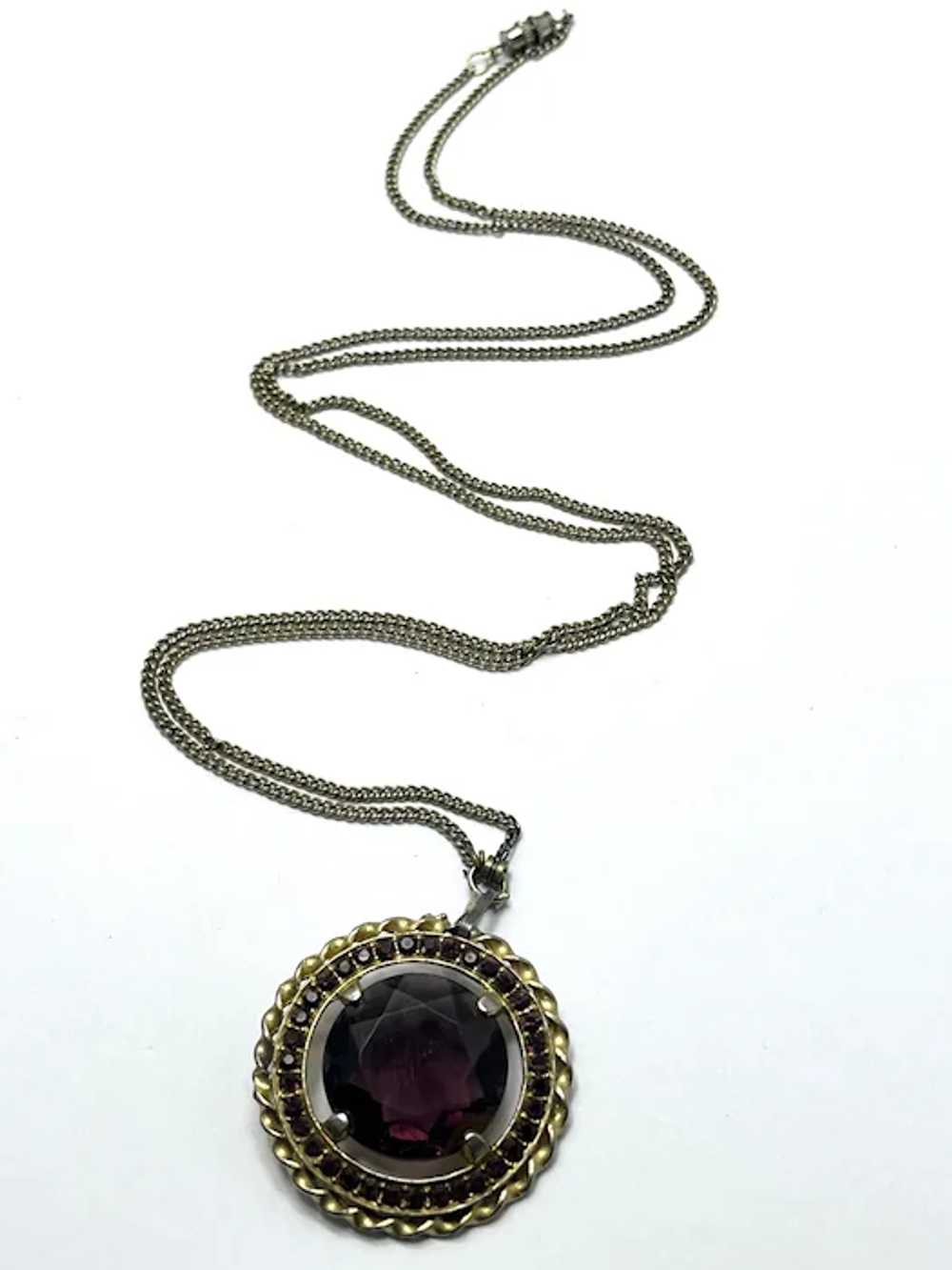 Vintage Purple Glass Rhinestone Pendant Necklace - image 6