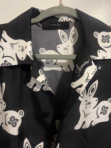 Amiri Rabbit-Print Silk Bowling Shirt Black White 