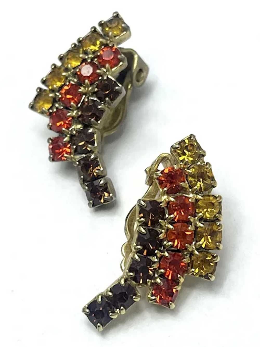 Vintage Red Yellow Brown Rhinestone Earrings - image 3