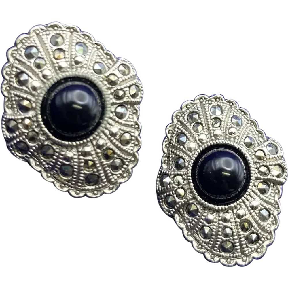 Fabulous Pierced Earrings Black Domed Cabochon Ce… - image 1