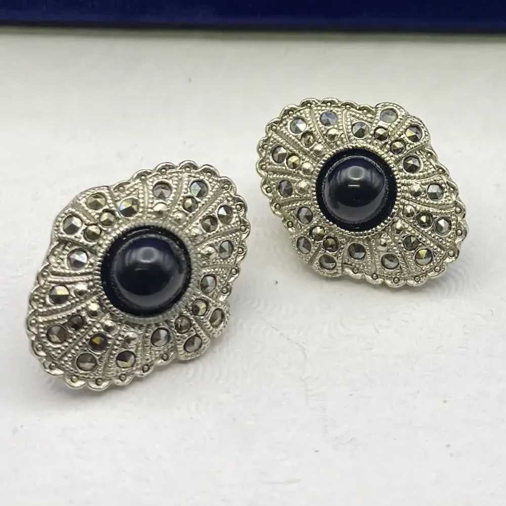 Fabulous Pierced Earrings Black Domed Cabochon Ce… - image 2