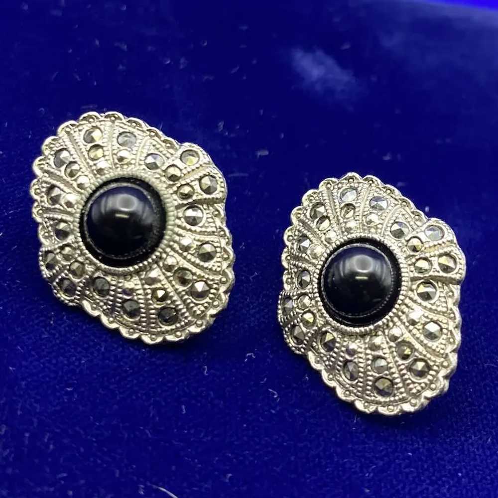 Fabulous Pierced Earrings Black Domed Cabochon Ce… - image 3