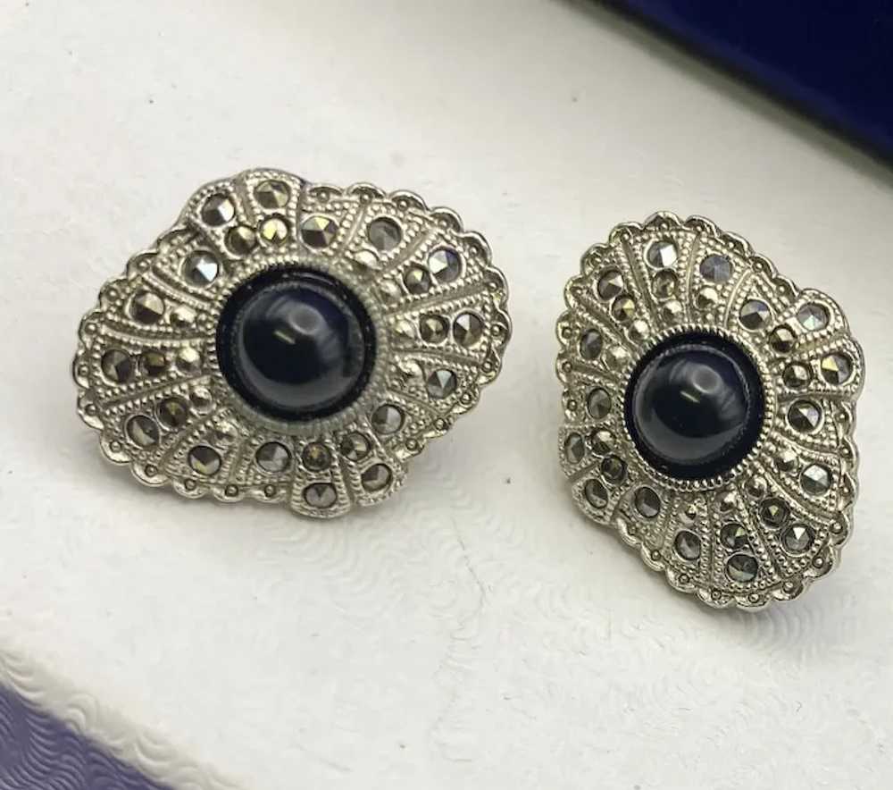 Fabulous Pierced Earrings Black Domed Cabochon Ce… - image 4