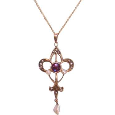 Antique 10K Gold Amethyst Natural Pearl Lavaliere… - image 1