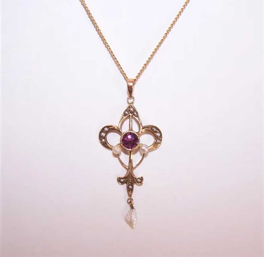 Antique 10K Gold Amethyst Natural Pearl Lavaliere… - image 4
