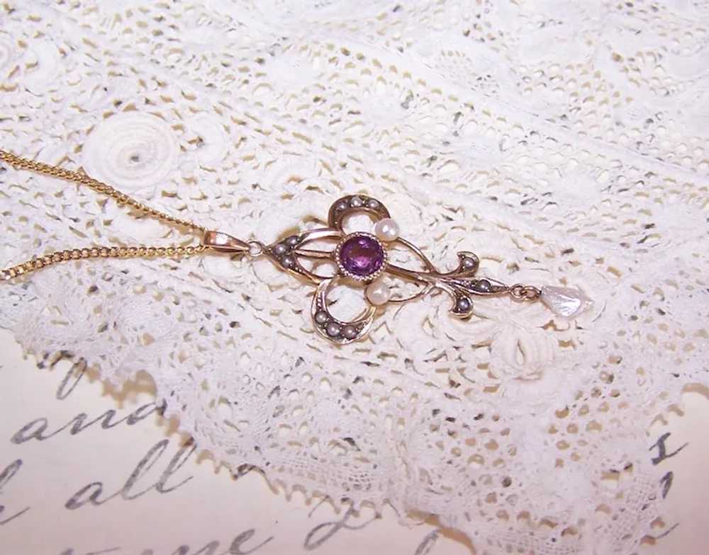 Antique 10K Gold Amethyst Natural Pearl Lavaliere… - image 8