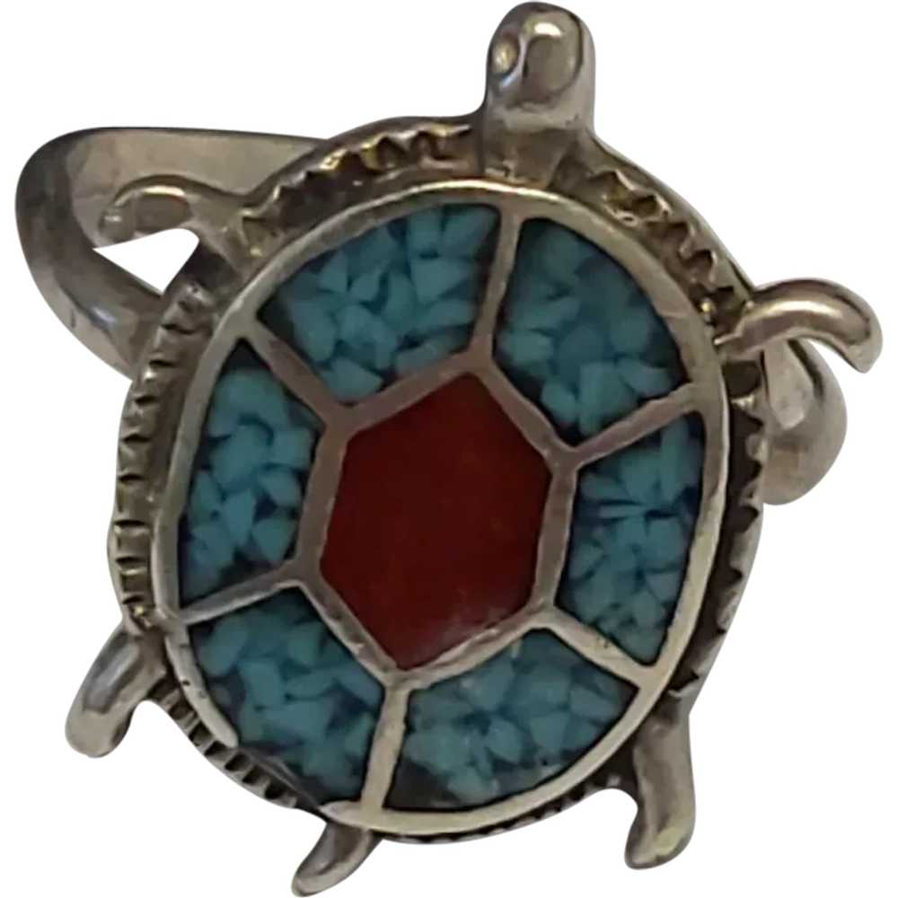 925 Turtle Turquoise and Red Coral Inlay Ring - image 1