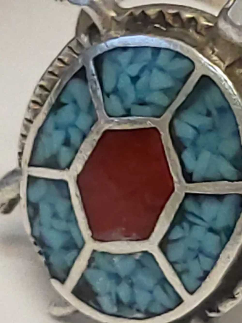 925 Turtle Turquoise and Red Coral Inlay Ring - image 4