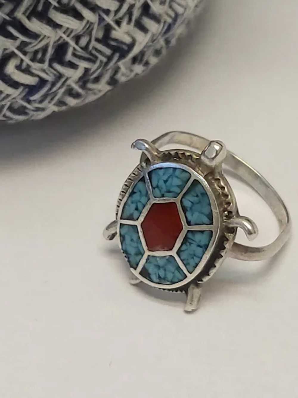 925 Turtle Turquoise and Red Coral Inlay Ring - image 5