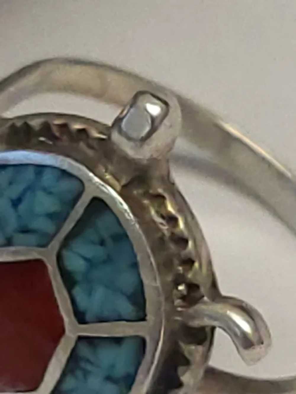 925 Turtle Turquoise and Red Coral Inlay Ring - image 6