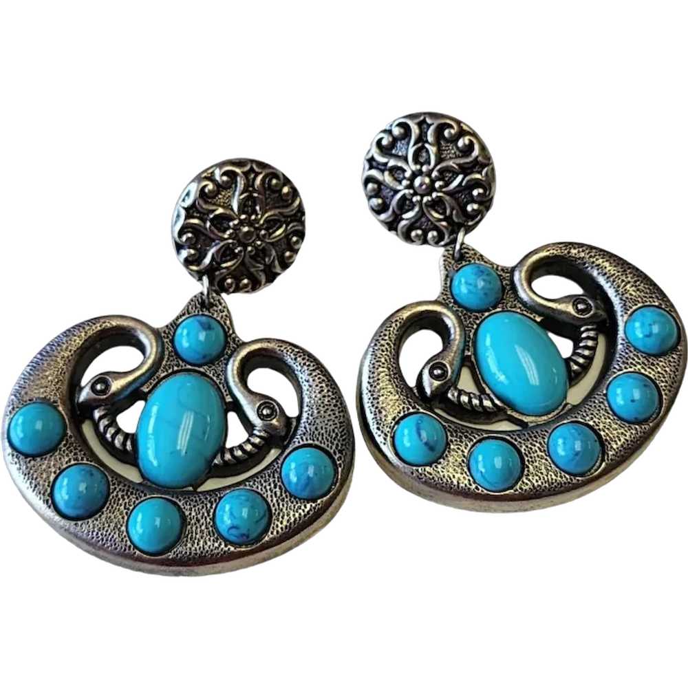 Vintage 80s Faux Metal & Faux Turquoise Snake Dan… - image 1