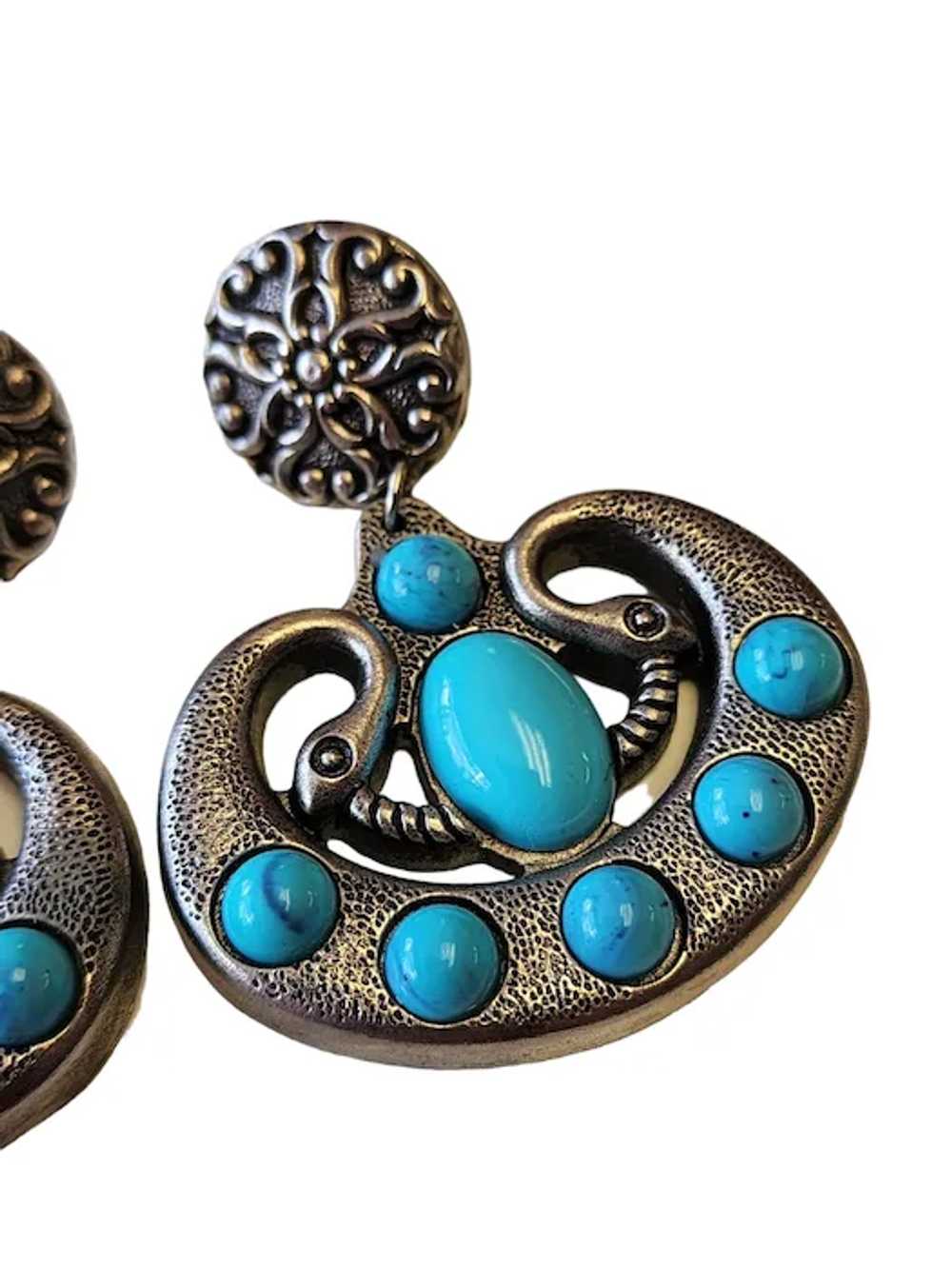 Vintage 80s Faux Metal & Faux Turquoise Snake Dan… - image 3