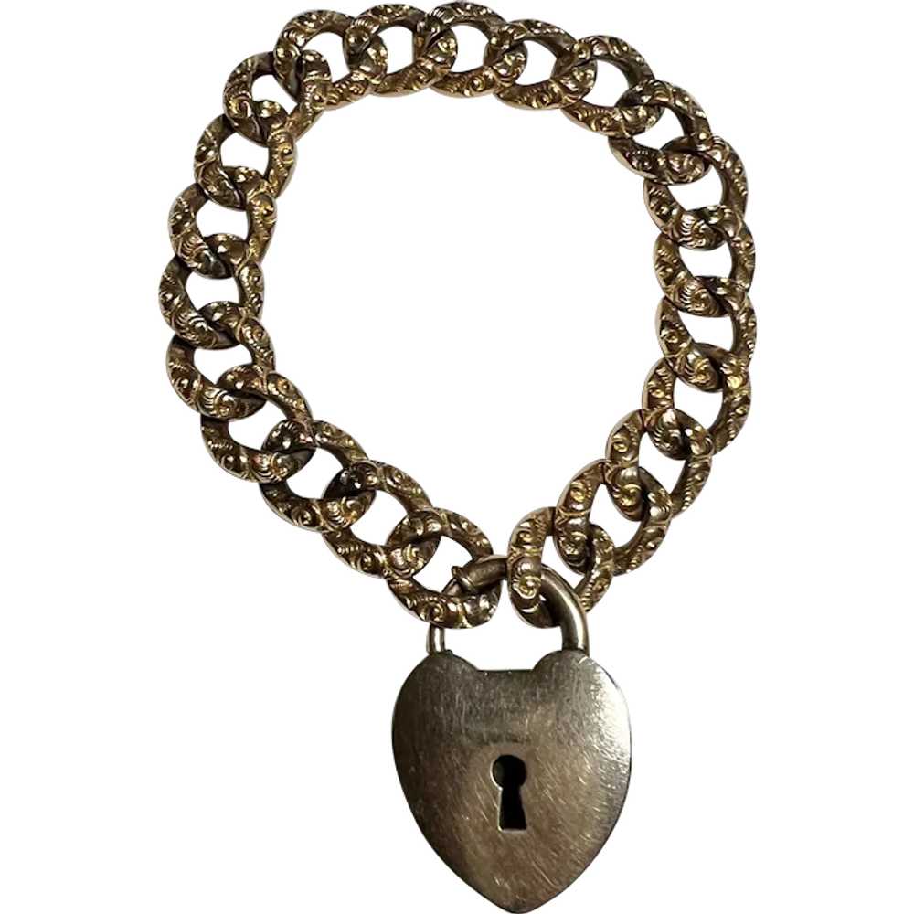 Antique Victorian Sterling Repousse Heart Lock Curb Chain Bracelet GF Key