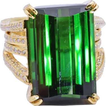 20CT Green Tourmaline Diamond 18k yellow Gold Rin… - image 1