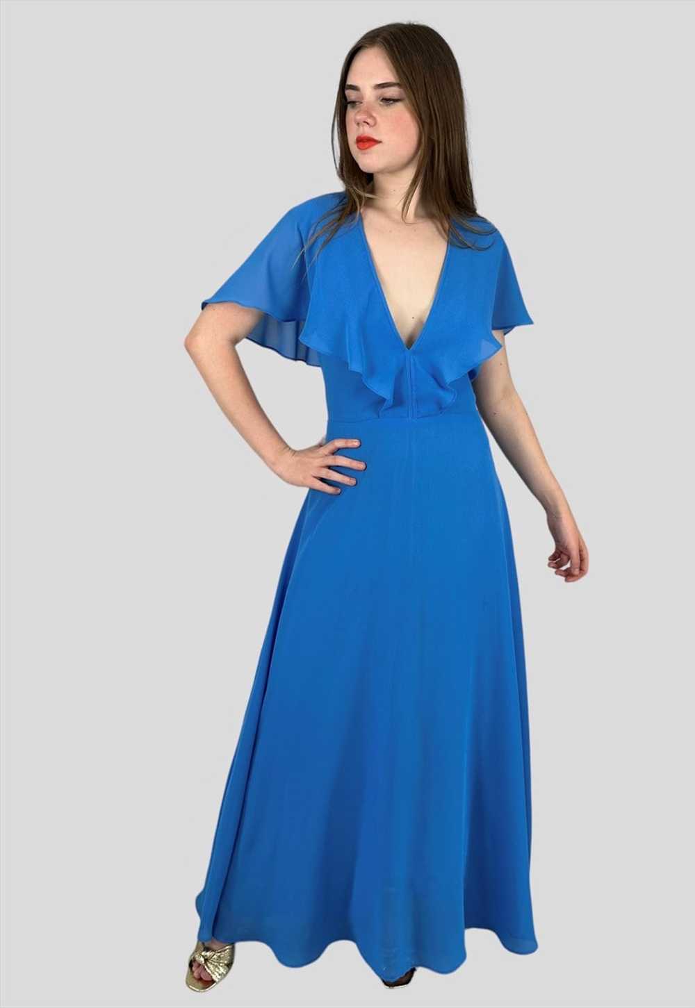 70's Vintage Blue Caped Low Cut Ladies Maxi Dress - image 1