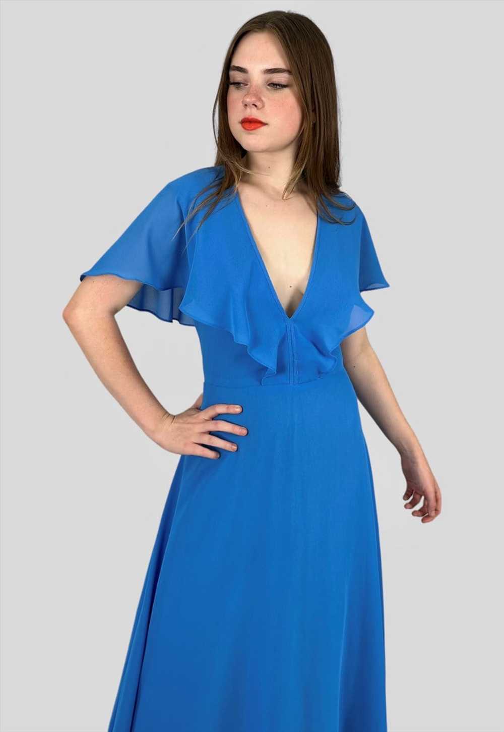 70's Vintage Blue Caped Low Cut Ladies Maxi Dress - image 2