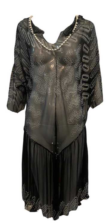 Zandra Rhodes 80s Black Chiffon Dress Trimmed with