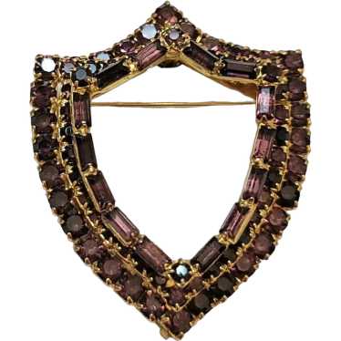 Gold Tone Purple Chaton Baguette Rhinestone Shiel… - image 1