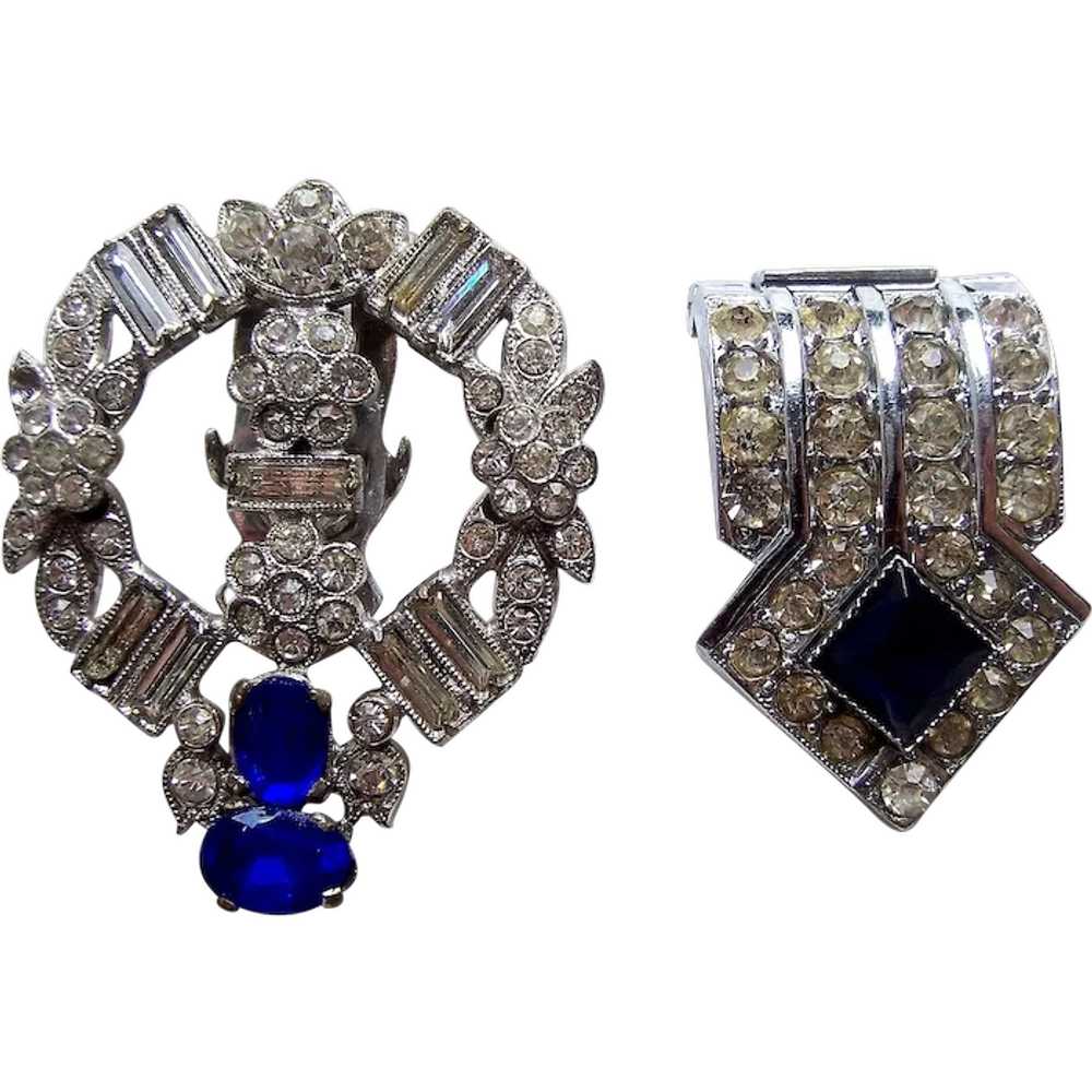 Two Art Deco dress clips white metal clear sapphi… - image 1