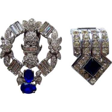 Two Art Deco dress clips white metal clear sapphi… - image 1