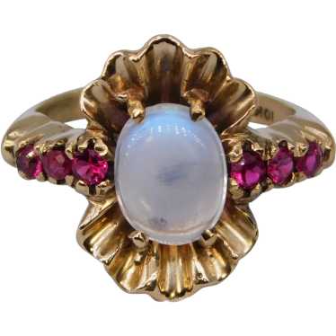 Vintage Moonstone Ruby 10K Yellow Gold Retro Cock… - image 1