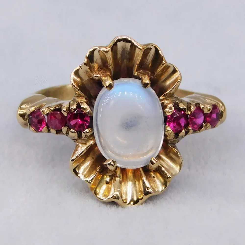 Vintage Moonstone Ruby 10K Yellow Gold Retro Cock… - image 2