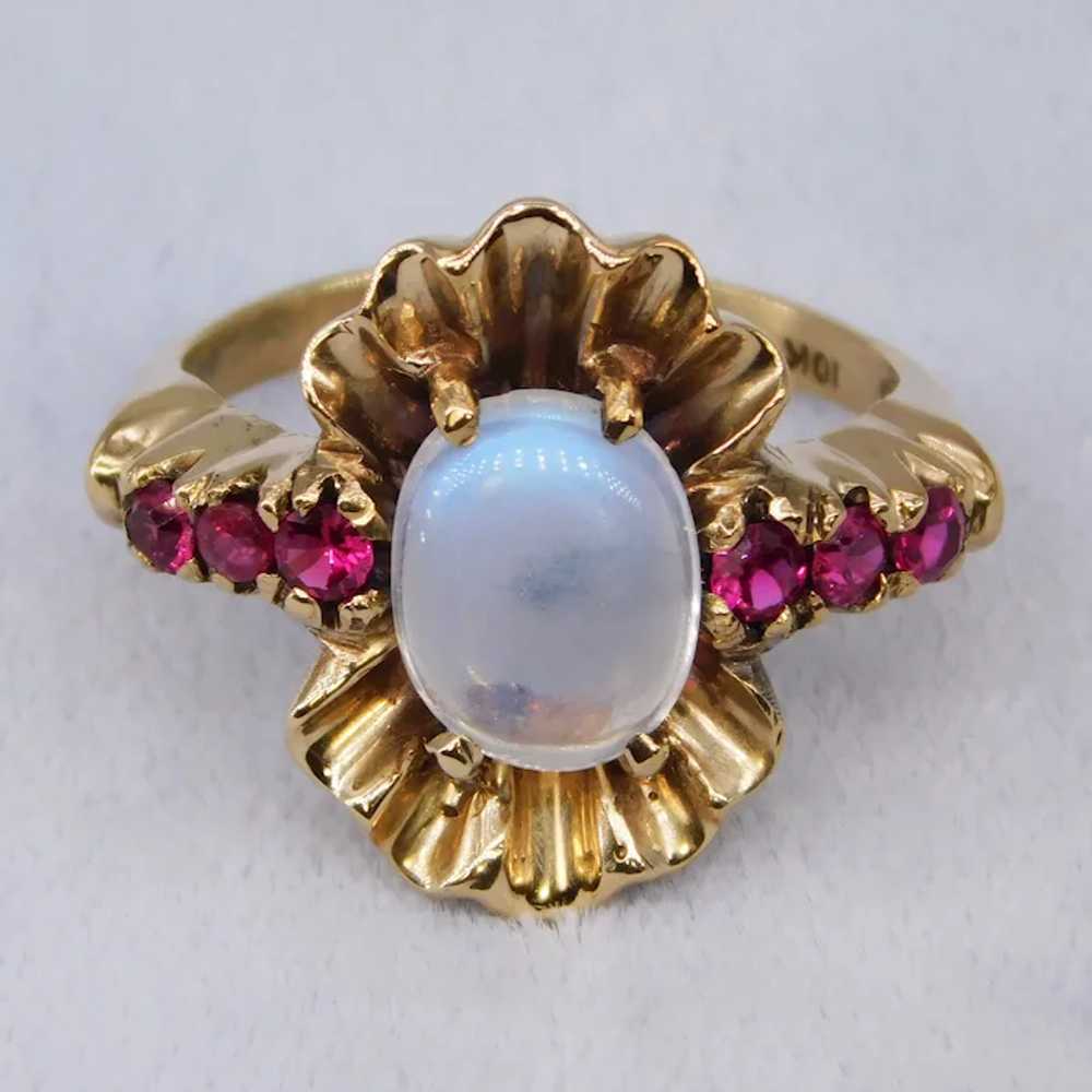 Vintage Moonstone Ruby 10K Yellow Gold Retro Cock… - image 3