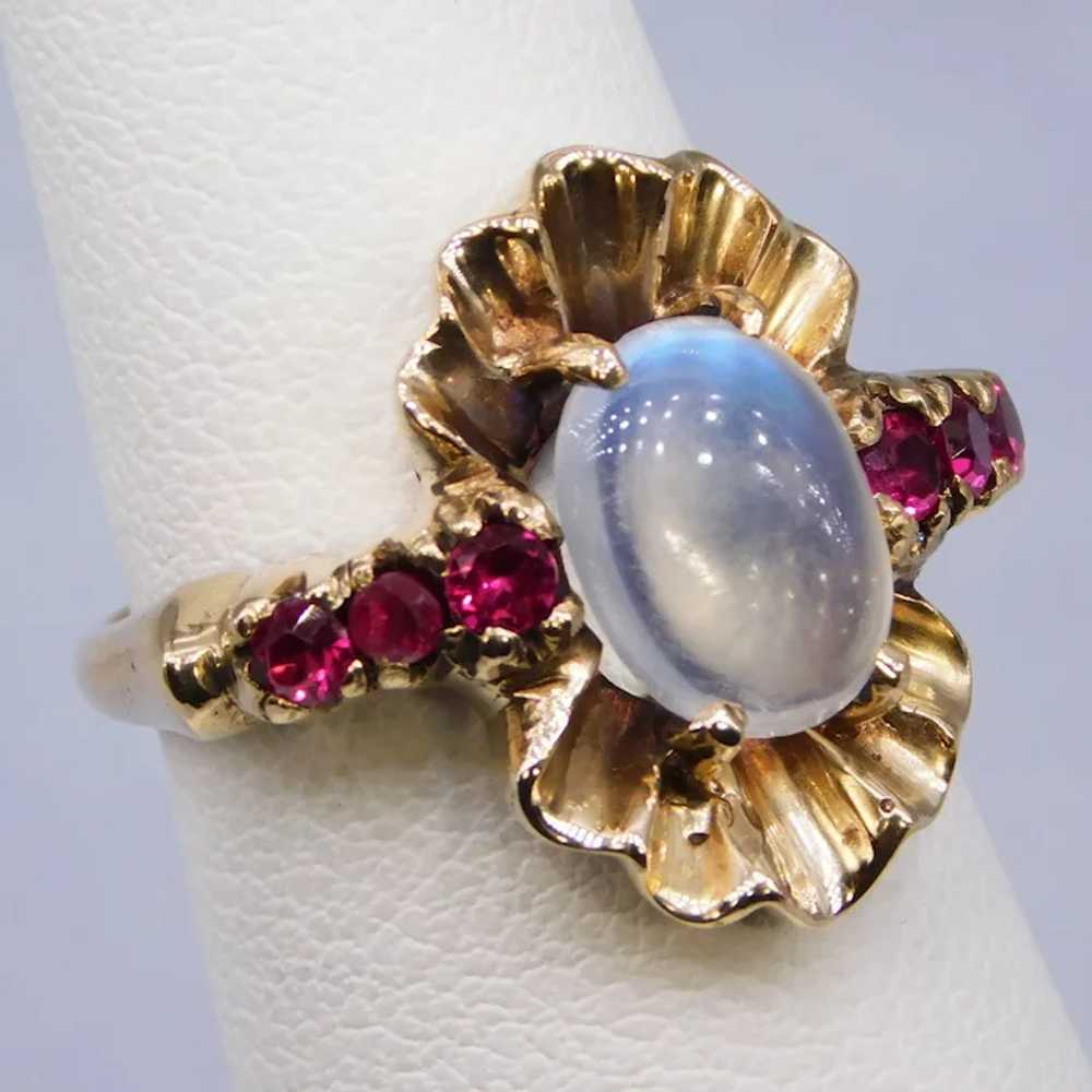 Vintage Moonstone Ruby 10K Yellow Gold Retro Cock… - image 6