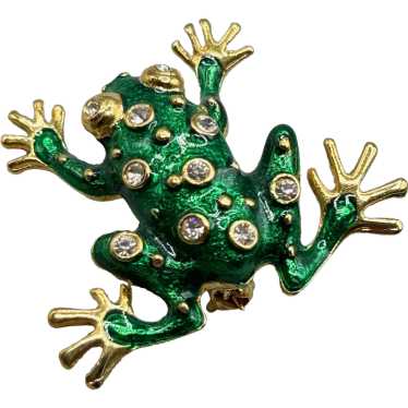 Vintage Green Frog Brooch Pin Gold Tone Enameled … - image 1