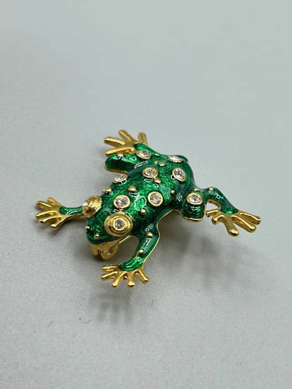 Vintage Green Frog Brooch Pin Gold Tone Enameled … - image 3