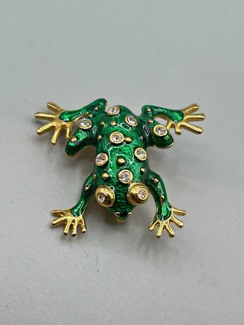 Vintage Green Frog Brooch Pin Gold Tone Enameled … - image 4